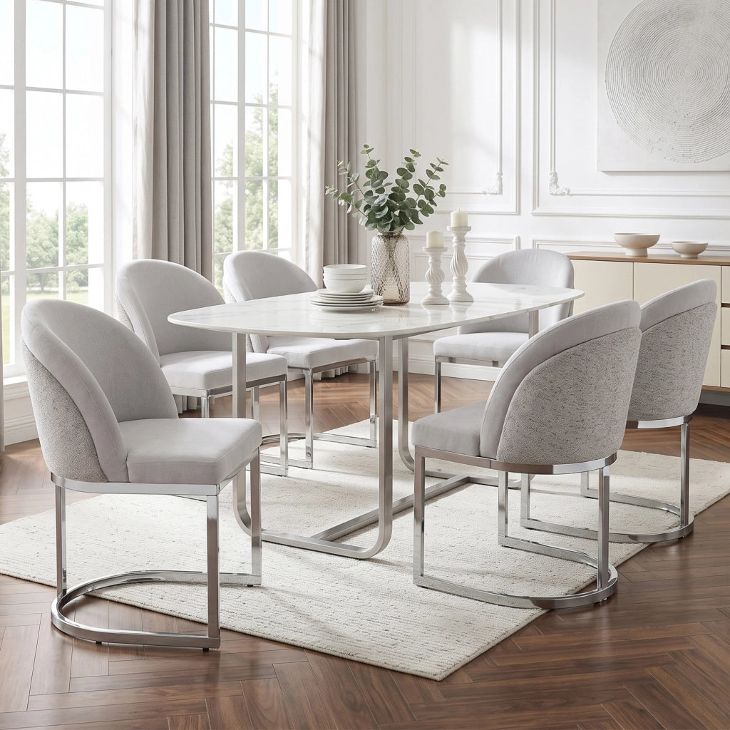 Set di 6 sedie grigie in ciniglia con gambe argentate