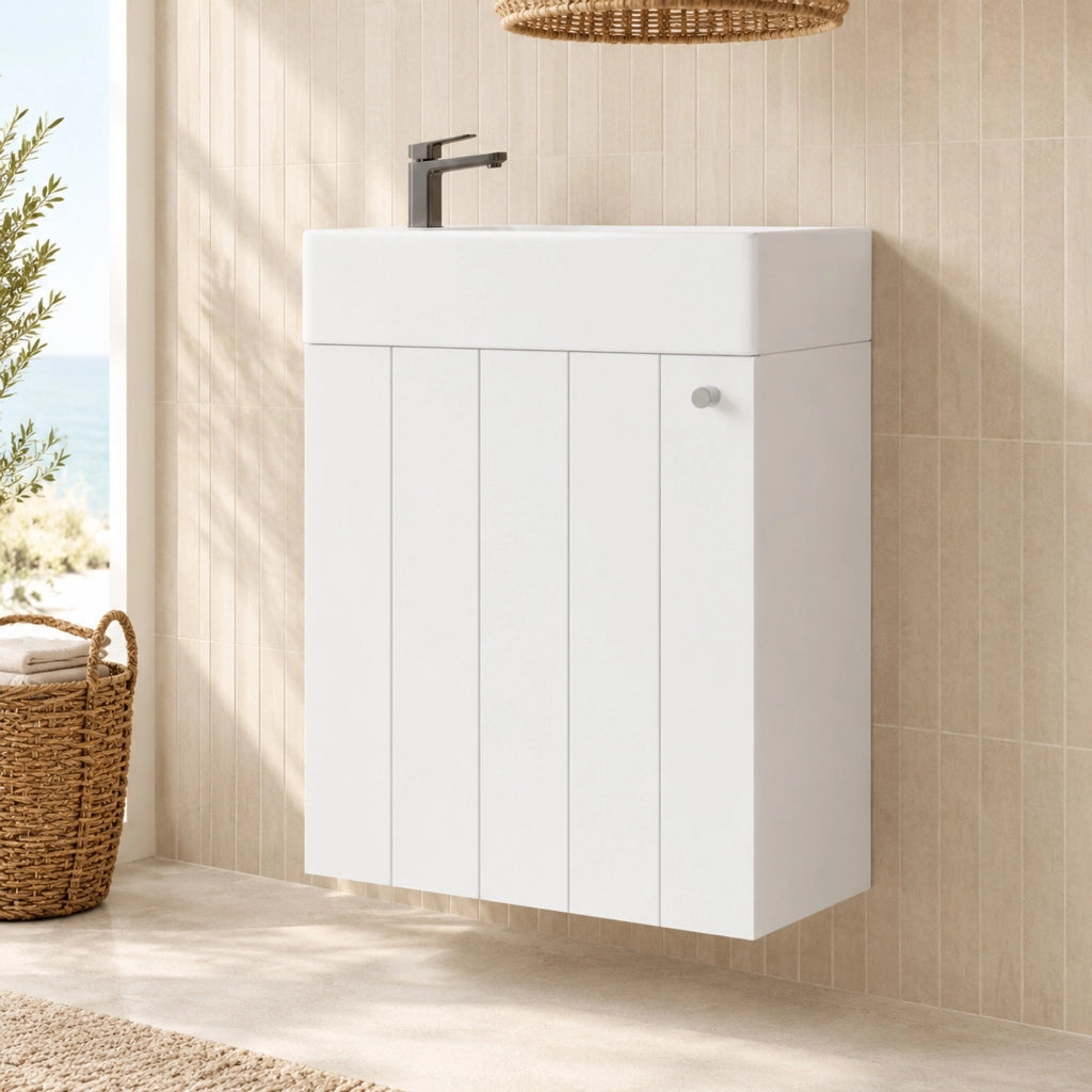 Mobile lavabo sospeso 41 × 23 × 62,5 cm in ceramica e MDF bianco con anta soft close salvaspazio per bagno