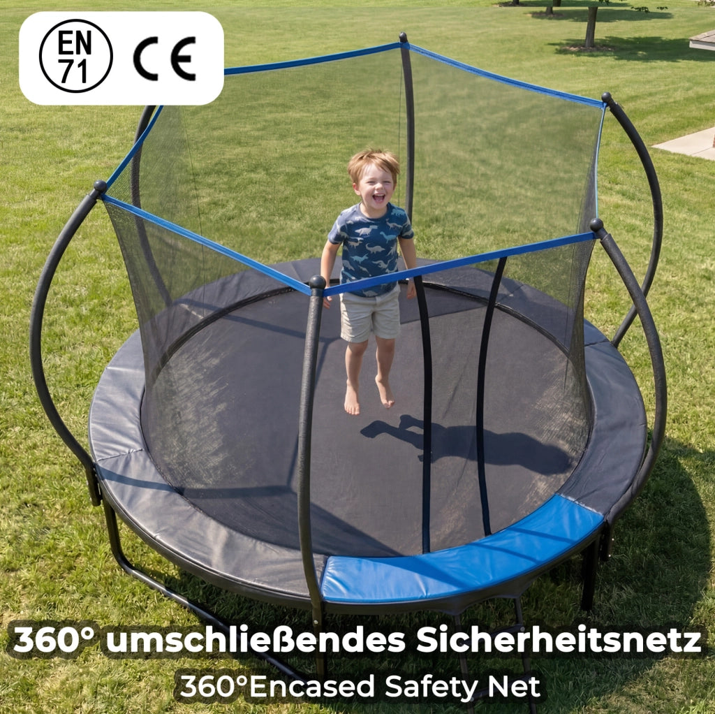 Trampolino rotondo 305 cm in acciaio nero e blu, rete di sicurezza, scala, da giardino