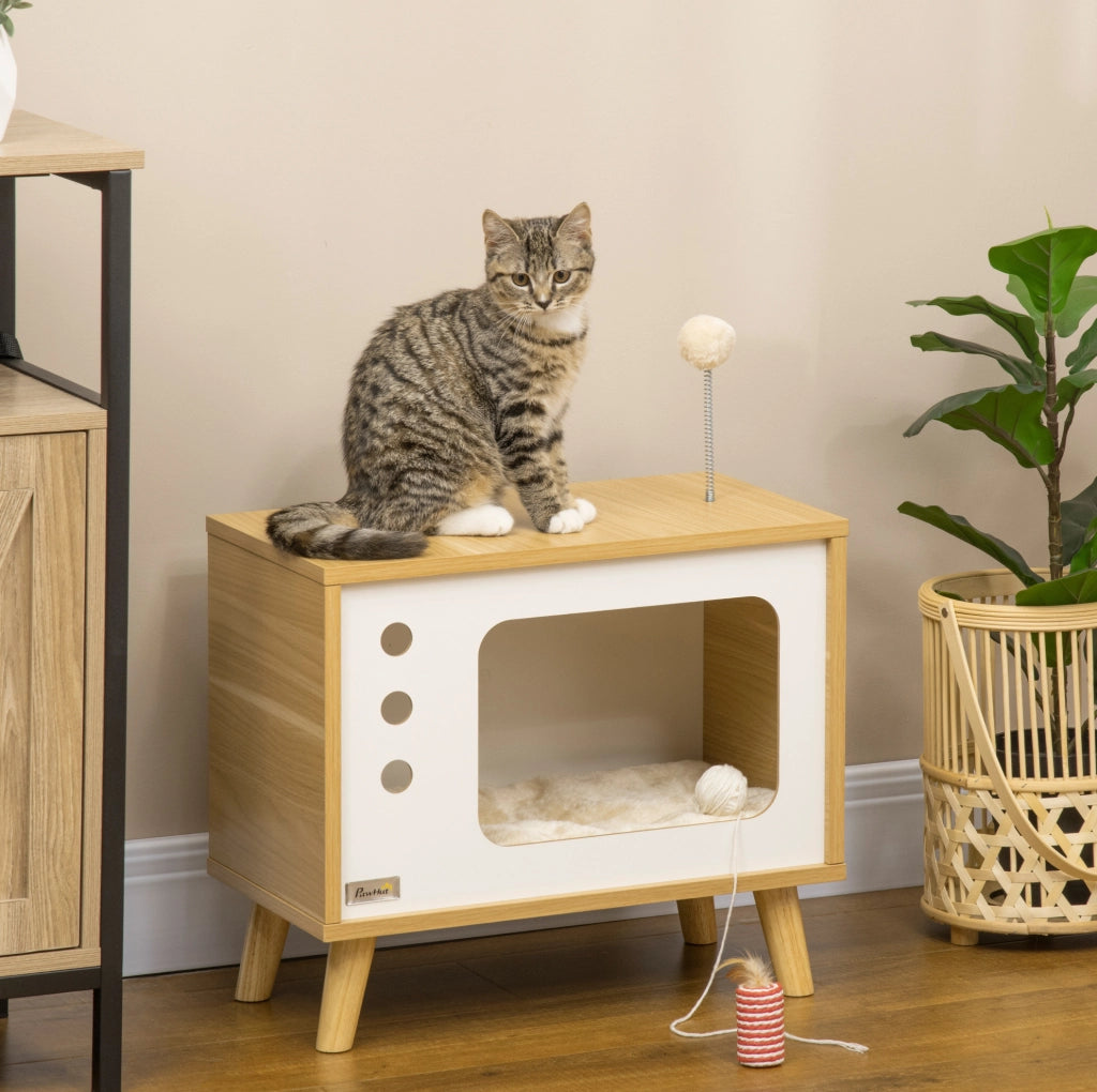 Cuccia per gatti a forma di TV con cuscino e gioco, beige