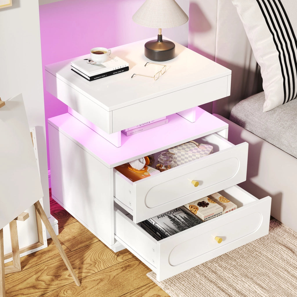 Comodino bianco con LED, 2 cassetti e ripiano aperto, 50x40x60 cm