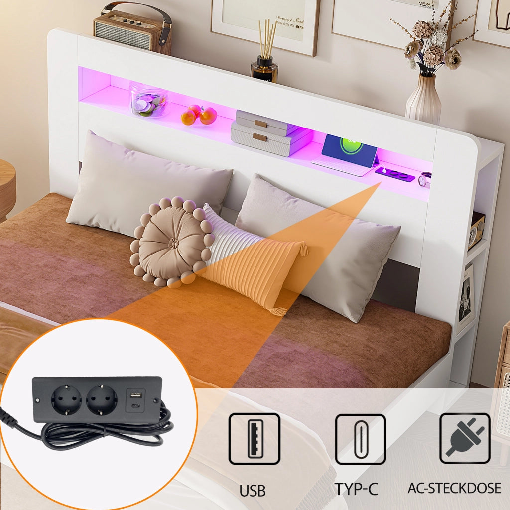 Letto matrimoniale a piattaforma 180 × 200 cm in legno bianco con testiera contenitore LED e prese integrate