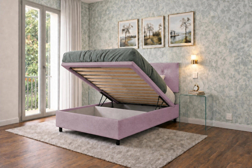 Letto Singolo Contenitore Imbottito 80x190 cm Microfibra Glicine BoxMax Testata Button