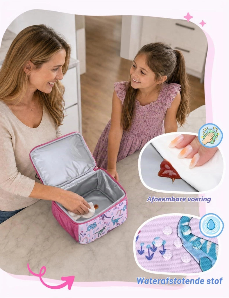 Borsa termica per il pranzo, per bambini, con 2 scomparti, motivo dinosauri rosa, dimensioni 24x19x25 cm