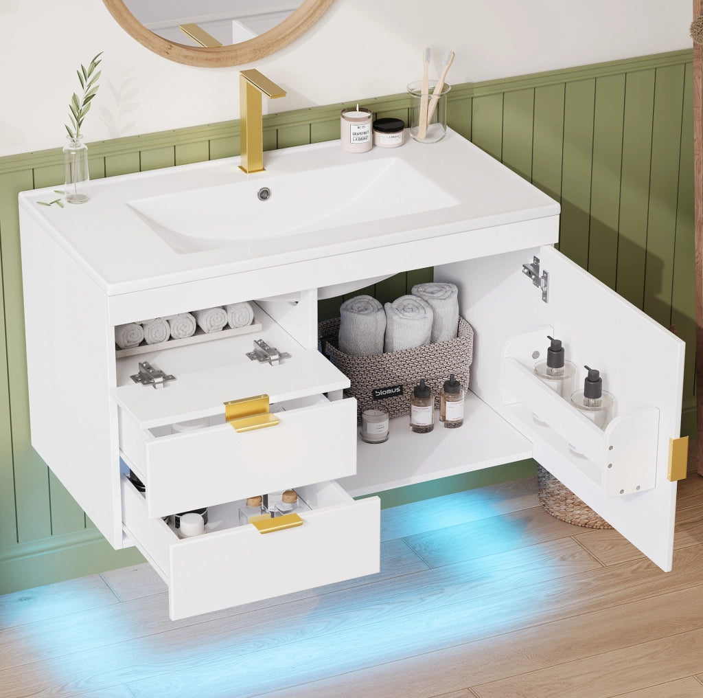 Mobile sottolavabo sospeso 76 cm in MDF bianco con LED e app, senza rubinetto