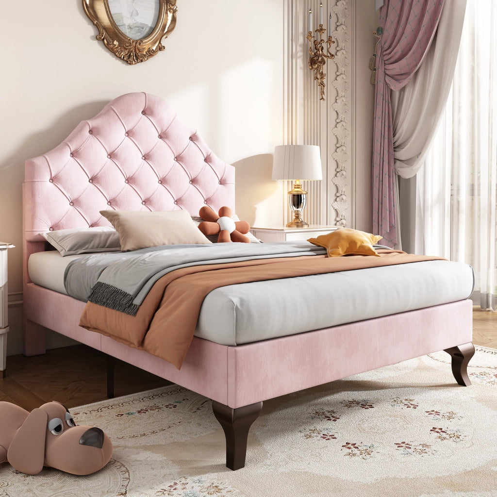 Letto singolo imbottito 90 × 200 cm con rete a doghe testiera regolabile in velluto rosa