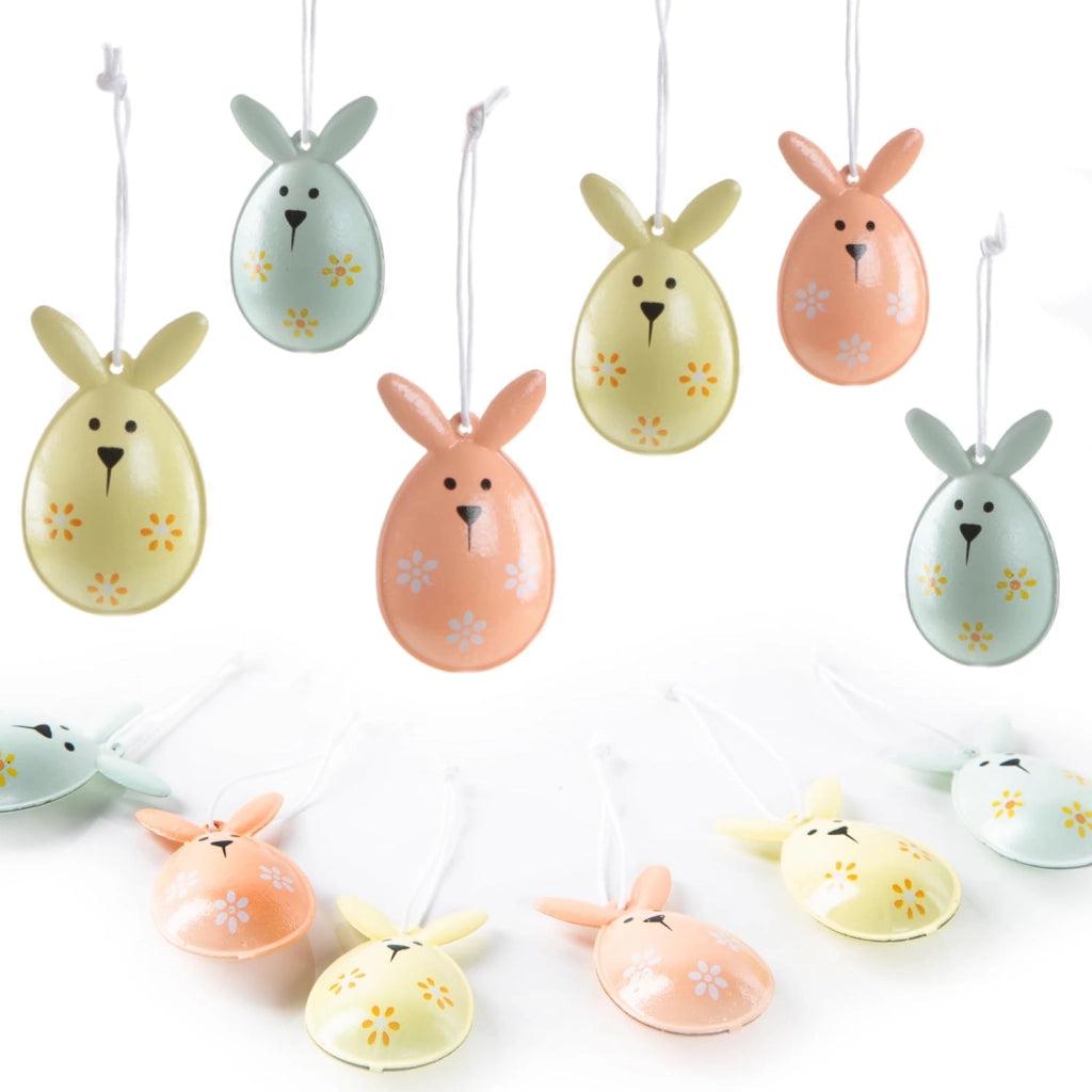 Pendenti di coniglietti pasquali in metallo, 12 pezzi: decorazione pasquale da appendere, colori pastello, 5 x 3 cm