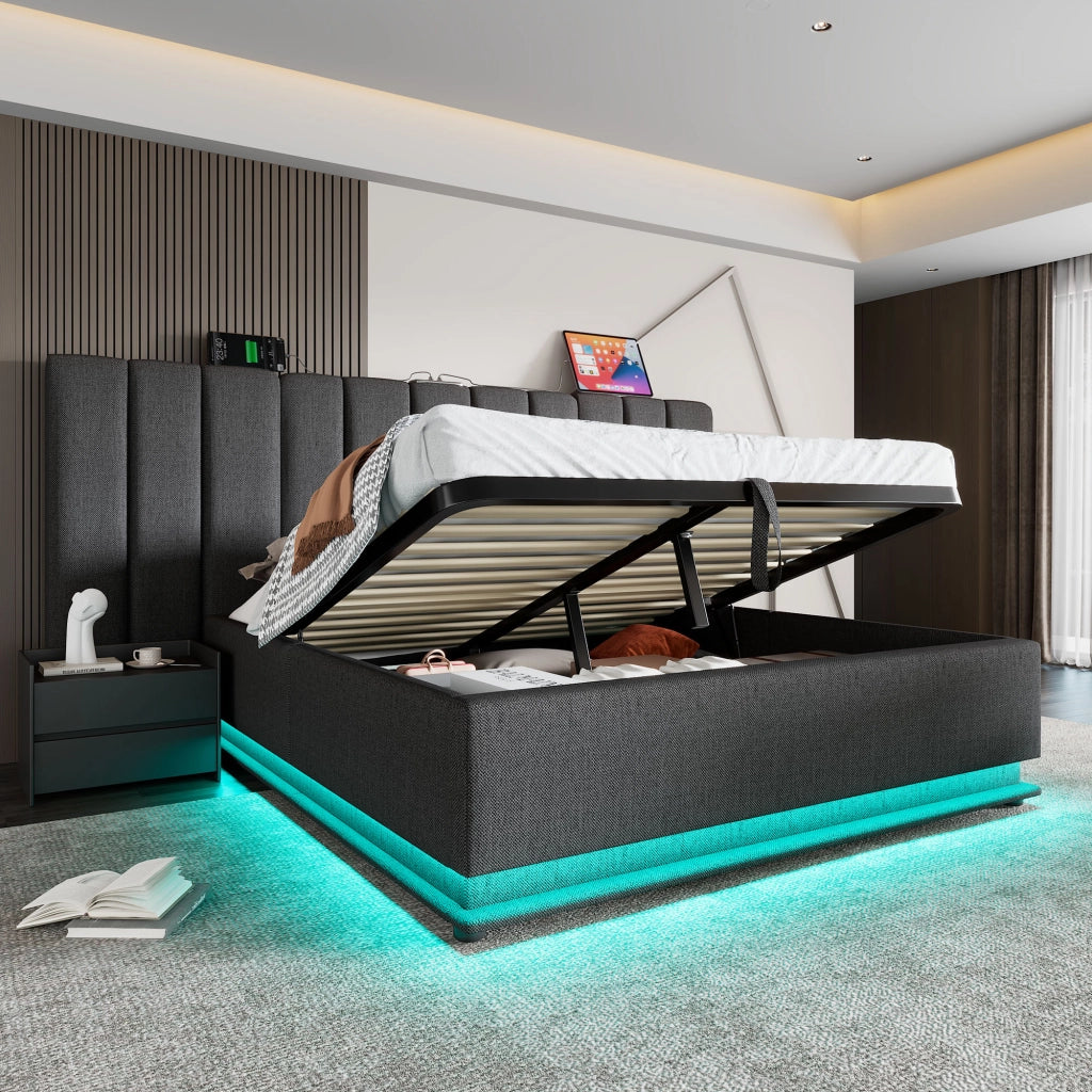 Letto matrimoniale contenitore 160 × 200 cm con LED app ricarica USB USB C 20 W lino grigio rete a doghe