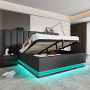 Letto matrimoniale contenitore 160 × 200 cm con LED app ricarica USB USB C 20 W lino grigio rete a doghe