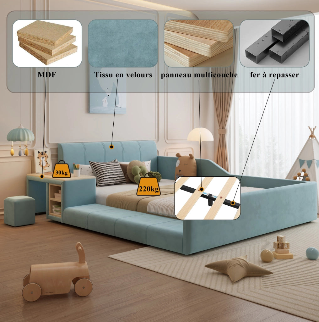 Letto imbottito per bambini 140x200 cm con scrivania laterale e sgabello in velluto blu