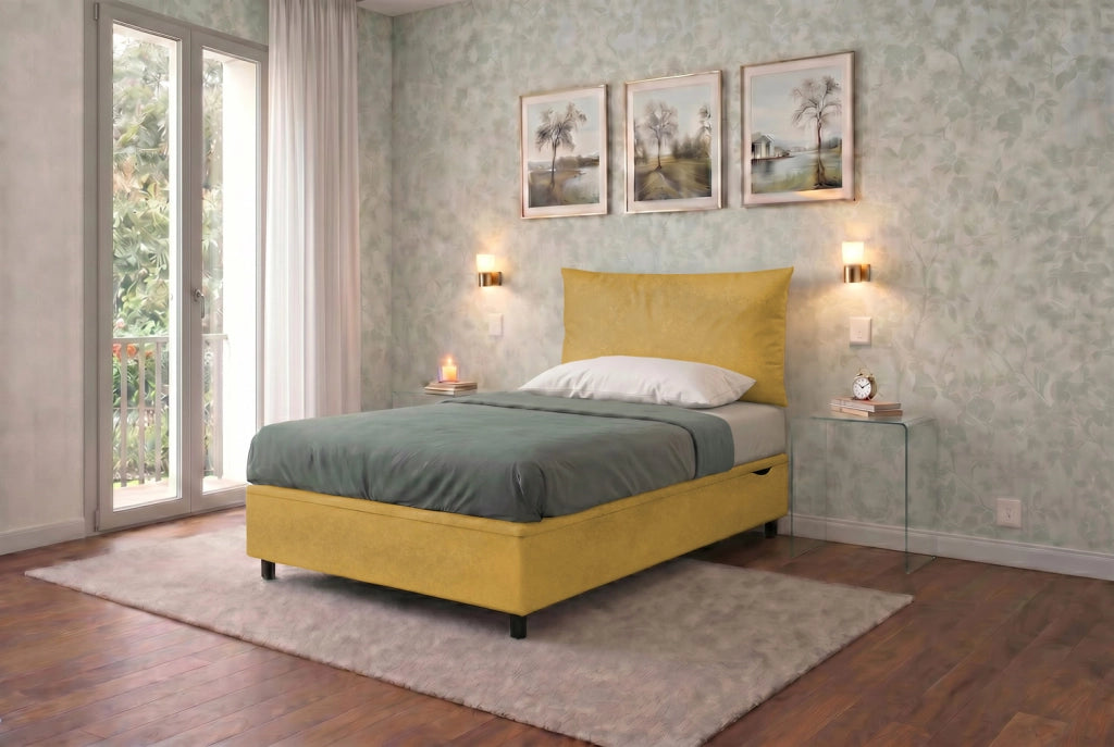 Letto Singolo Contenitore Imbottito 80x200 cm Microfibra Ocra BoxMax Testata Soft