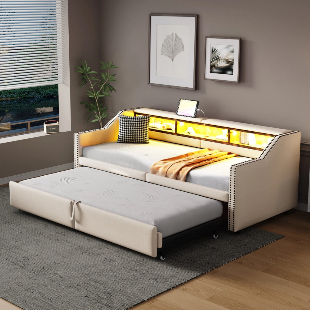 Divano Letto Estraibile 90/180 x 200 cm in Tessuto Beige con Luce LED, Porta USB e Rete a Doghe