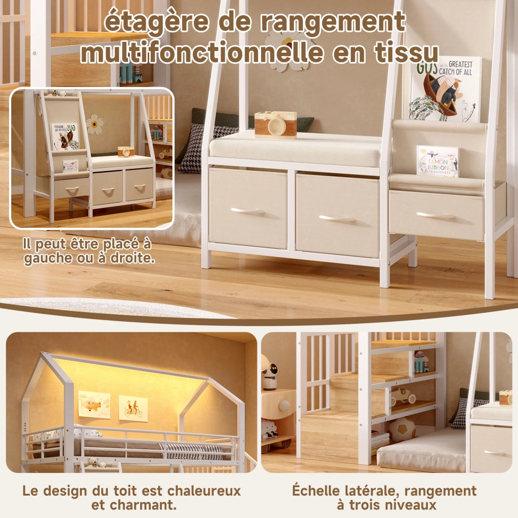Letto a Soppalco 90x200 con Cassetti; Rangement Integrato; LED; Sponde di Sicurezza LEMONMAX Salvaspazio per Camera Bambini