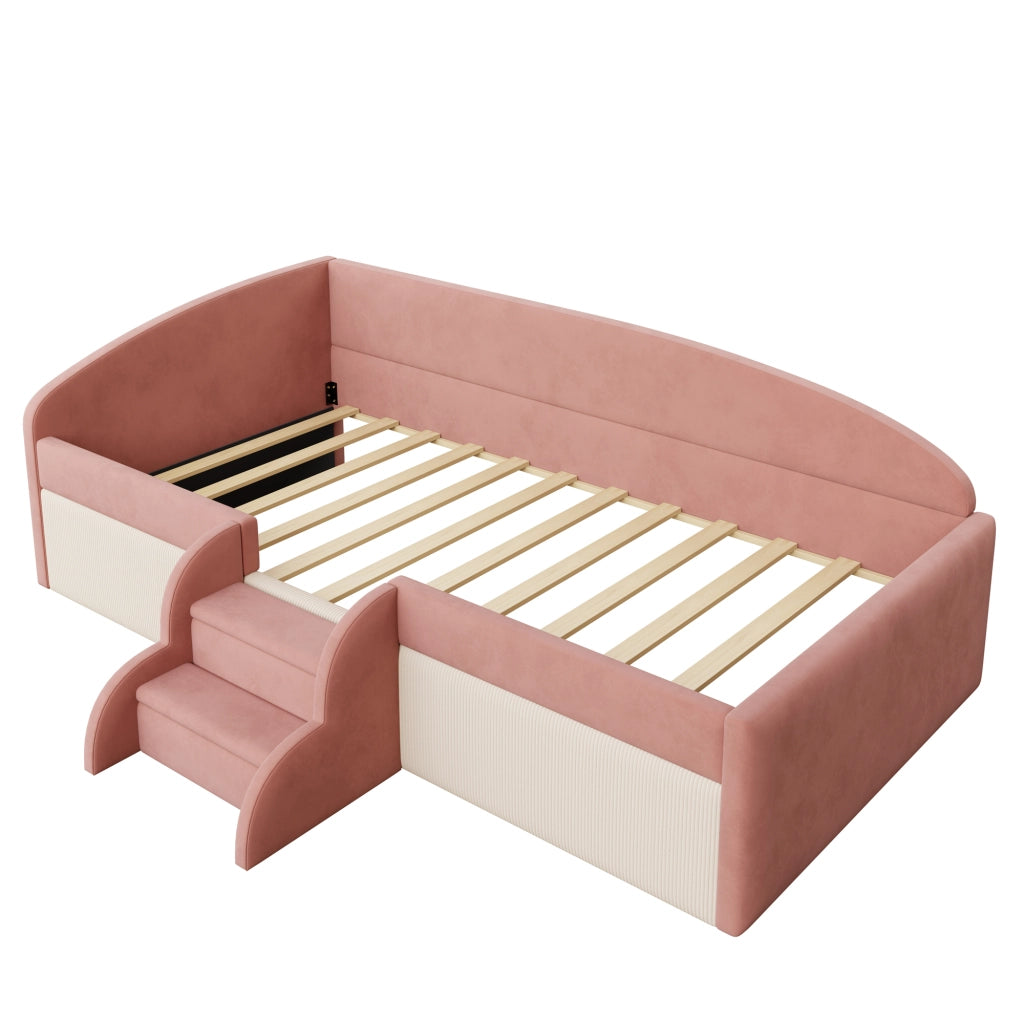 Letto per bambini imbottito 90 × 190 cm con rete a doghe in velluto rosa e bianco con scale e sponde laterali