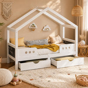Letto per bambini con tetto 90 × 200 cm in legno e MDF bianco con due cassetti e lavagna integrata
