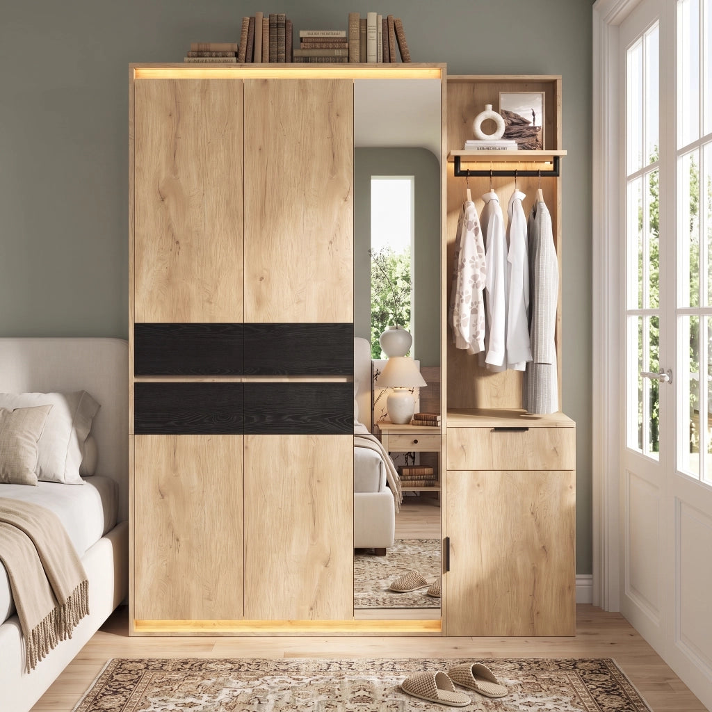 Armadio ingresso con 3 barre appendiabiti, 5 cassetti, specchio e 3 luci LED in MDF rovere 155x47x200 cm