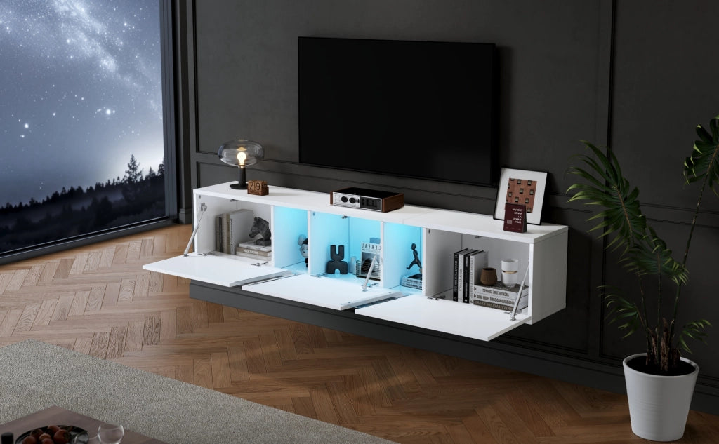 Mobile LED TV Lowboard bianco lucido sospeso 180x35x30 cm con 3 ante per TV fino a 75 pollici