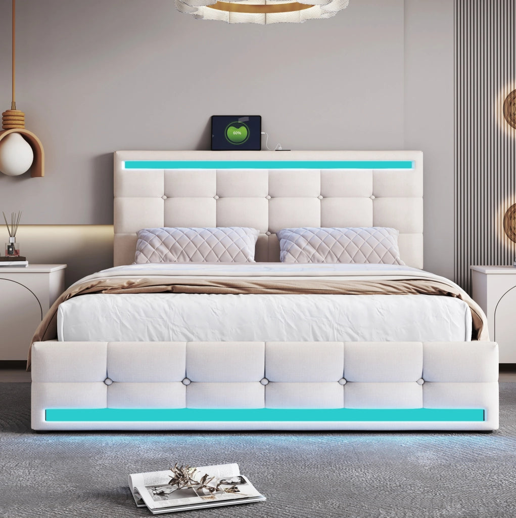 Letto imbottito ULEVR 140x200 cm beige con contenitore a sollevamento, luci LED e 2 porte USB