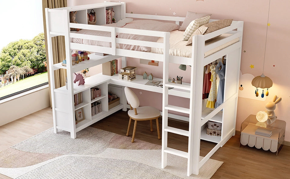 Letto a soppalco 140x200 cm con scrivania, armadio e ripiani, bianco, senza materasso