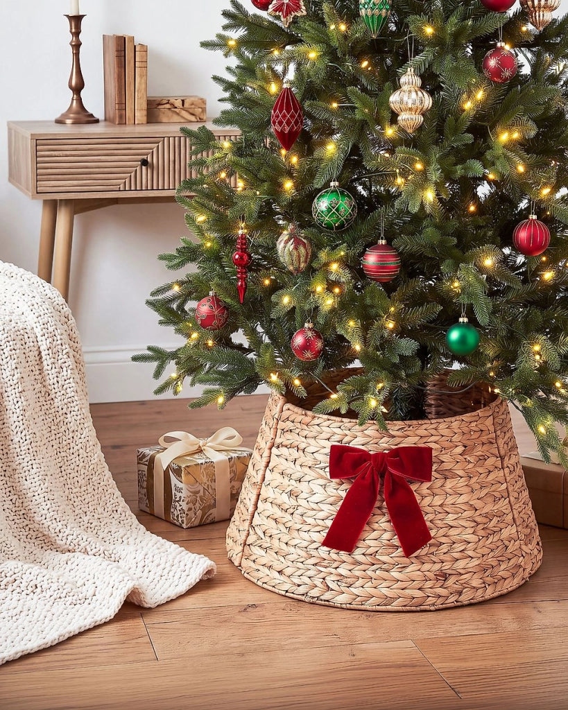 Copribase per Albero di Natale in Giacinto d'Acqua ⌀ 60 cm Fatto a Mano Rotondo Decorazione Natalizia Nastro Rosso Naturale