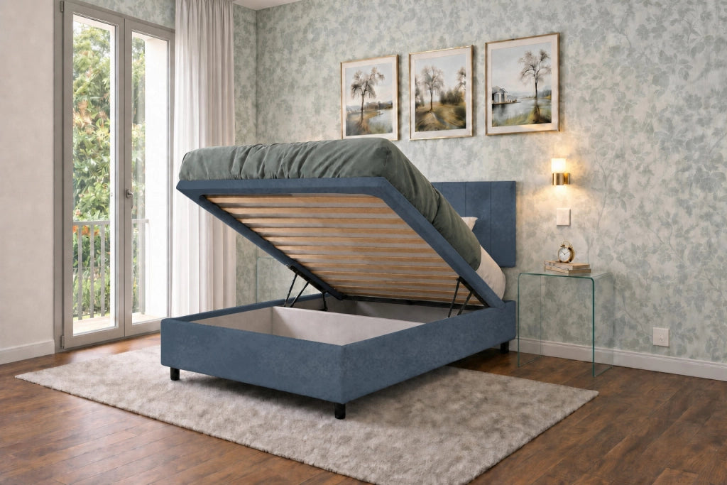 Letto Singolo Contenitore Imbottito 80x200 cm Microfibra Blu BoxMax Testata Vertical