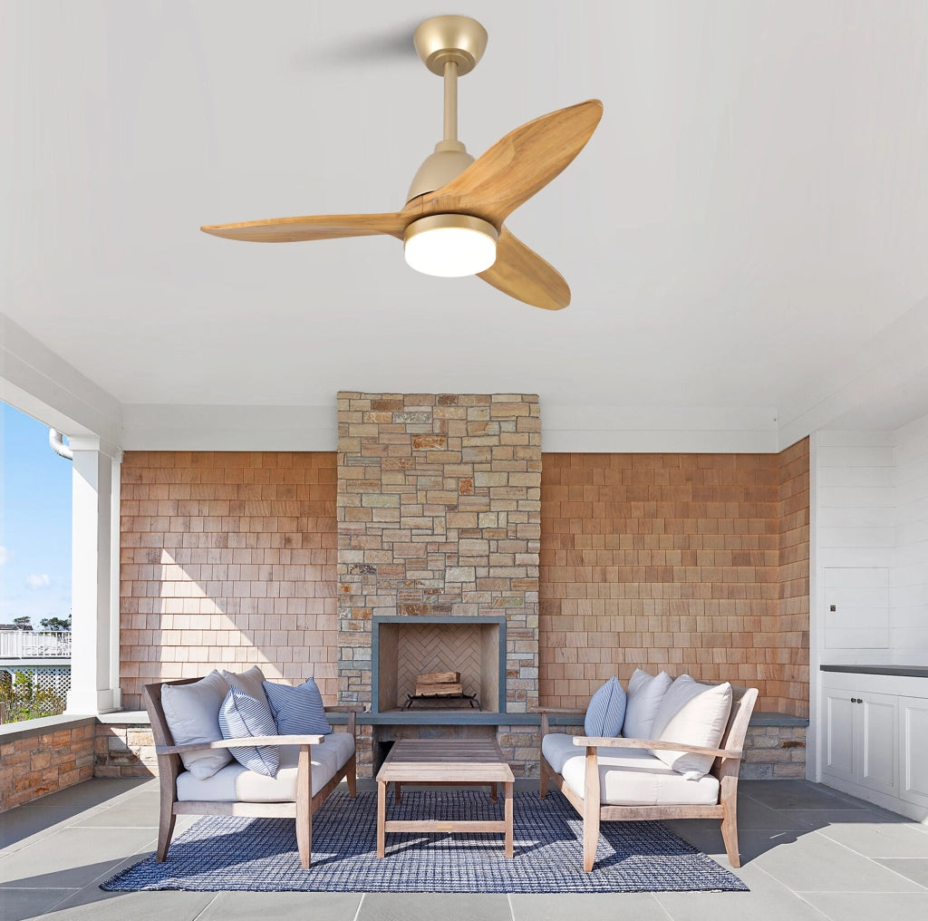 Ventilatore da soffitto 36 pollici con LED dimmerabile; 3 pale in legno massello d'acero; rovere dorato