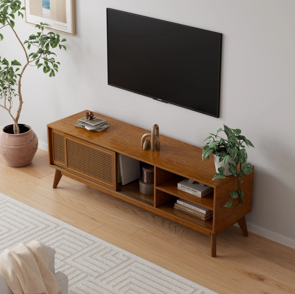 Mobile TV fino a 65 pollici con ante in rattan, colore noce