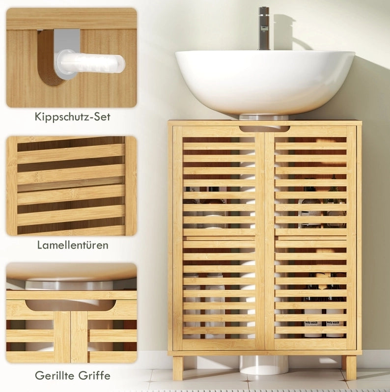 Mobile bagno in bambù con ante a lamelle e ripiani regolabili, 60x30x80 cm, colore naturale