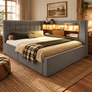 Letto matrimoniale 140 × 200 cm contenitore con LED e ricarica USB in lino grigio testiera reversibile