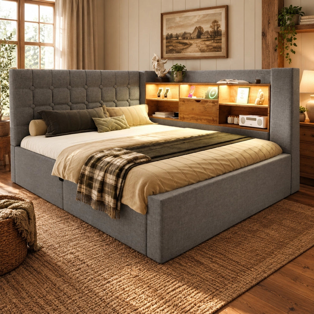 Letto matrimoniale 140 × 200 cm contenitore con LED e ricarica USB in lino grigio testiera reversibile