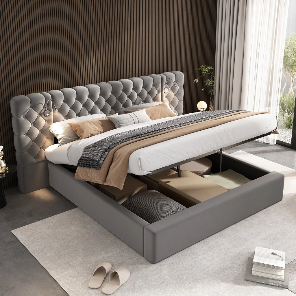 Letto contenitore 160 ¡Á 200 cm con due comodini rete a doghe in legno rivestito in lino grigio e nero
