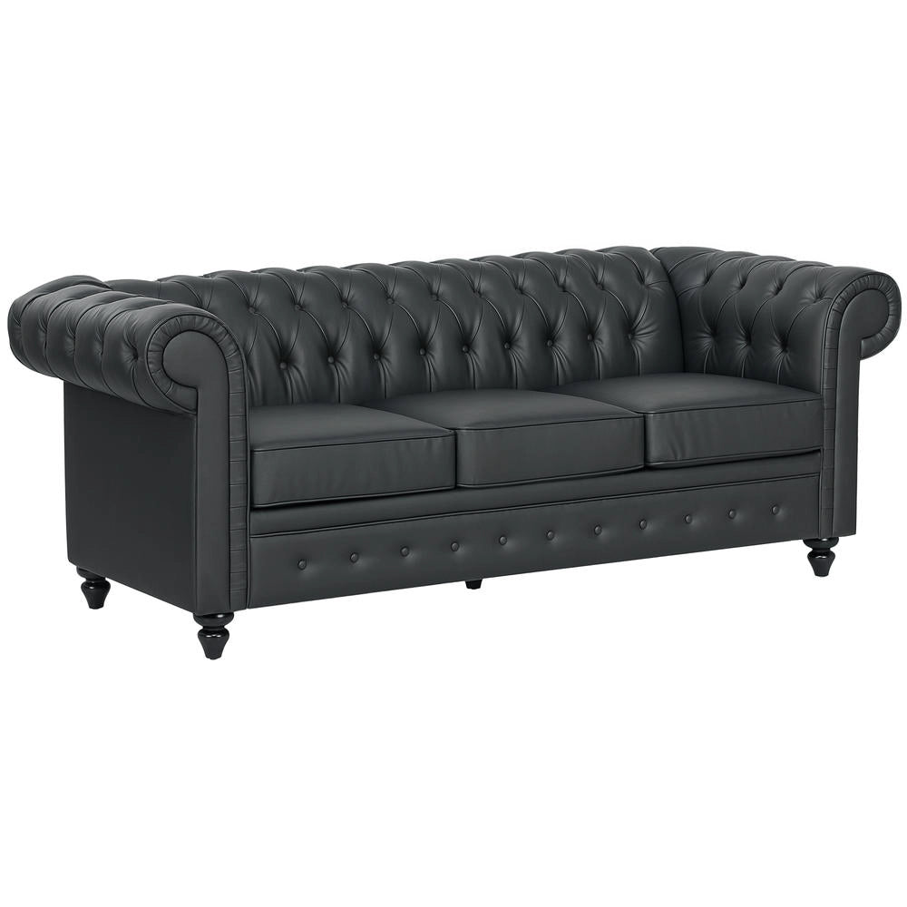 Divano 3 Posti Stile Chesterfield in Finta Pelle Nero, Imbottitura Molle Insacchettate Trapuntato per Soggiorno e Salotto, 213x86x79 cm