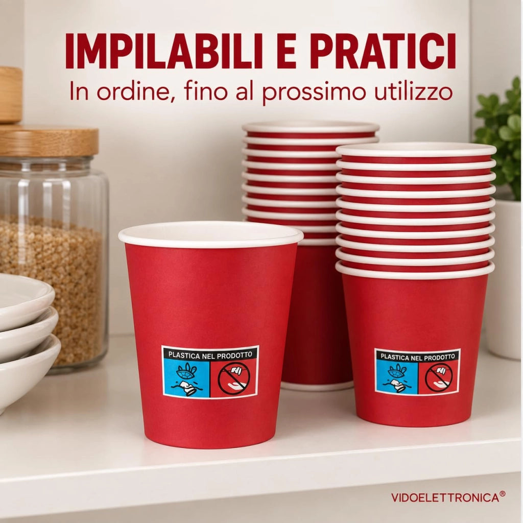 Bicchieri di carta da 180 ml, confezione da 100 pezzi, colore rosso, biodegradabili
