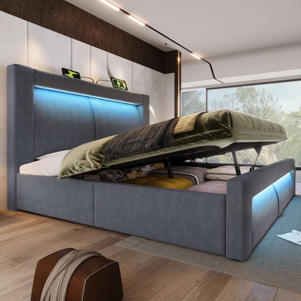 Letto matrimoniale 140x200 cm con contenitore; LED; USB e Type-C; velluto grigio
