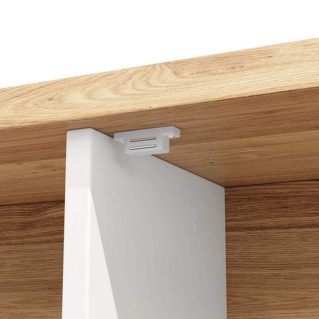 Credenza con illuminazione LED controllabile tramite app in MDF e vetro bianca effetto legno con sistema antiribaltamento