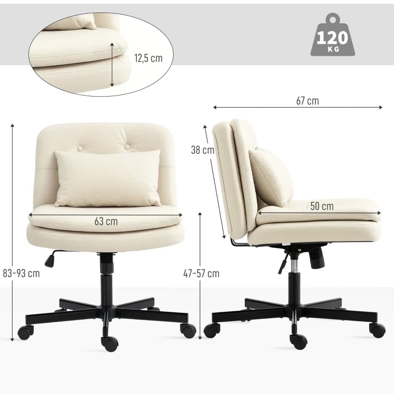 Sedia da ufficio senza braccioli 63x67x83-93 cm in similpelle beige con ruote