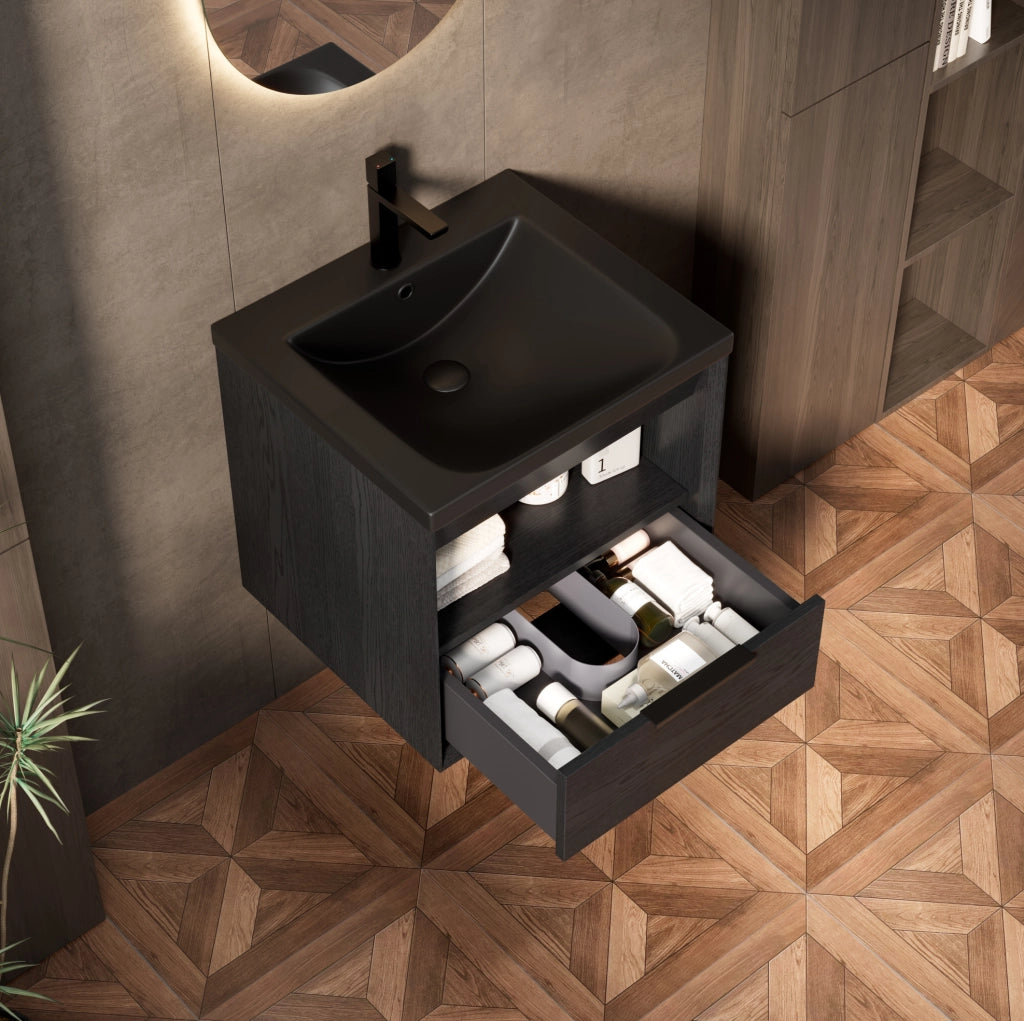 Mobile Lavabo Sospeso con Lavabo Integrato in Ceramica Nero e Rovere Scuro con Cassetto e Ripiano