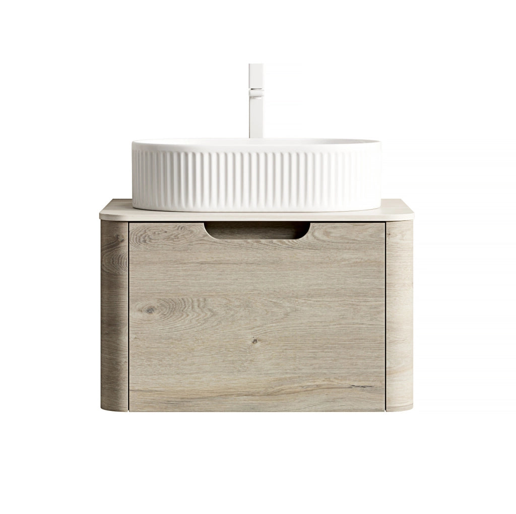 Mobile lavabo sospeso 60 cm in ceramica bianca e pietra sinterizzata beige, preassemblato