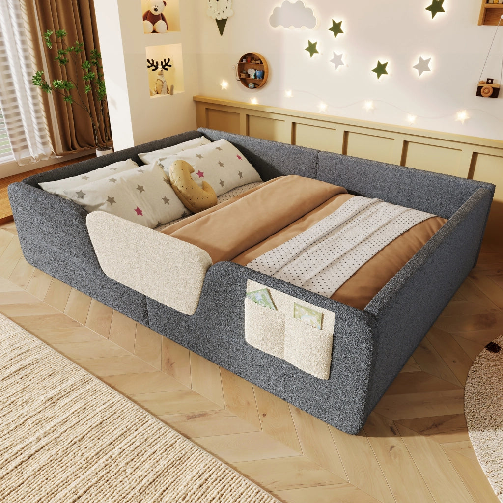 Letto per bambini imbottito 140 × 190 cm in velluto grigio con sponde di sicurezza removibili e tasca laterale