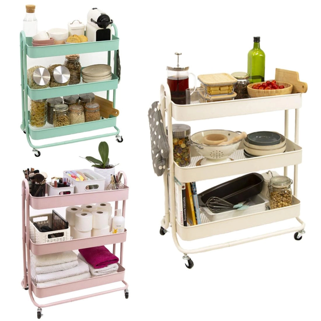 Carrello metallico, con 3 ripiani, dimensioni 71,2 x 61 x 29 cm, dotato di ruote con freno, colore rosa