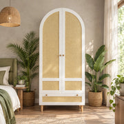 Armadio bianco 80 x 50 x 180 cm con ante in rattan, appendiabiti e cassetto
