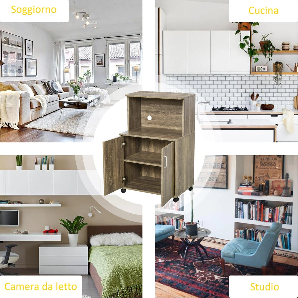 Mobile cucina multiuso salvaspazio con 4 ruote, armadietto e ripiano per microonde, grigio, pratico per casa, 60.4x40.3x97cm