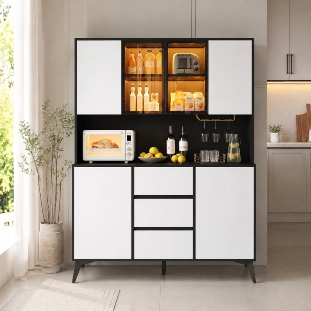 Credenza vetrina 120x40x160 cm in MDF nero e bianco con LED, cucina