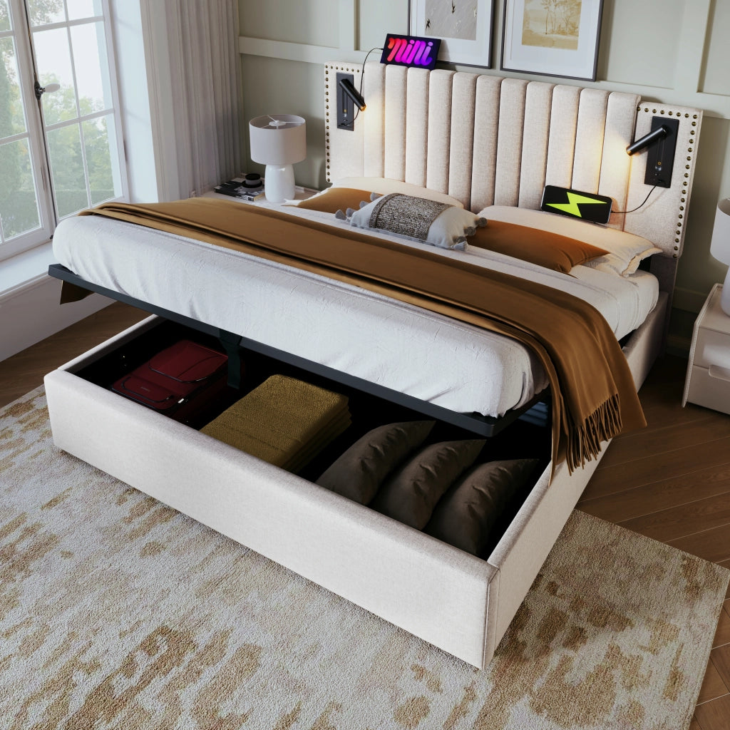 Letto matrimoniale contenitore 160 × 200 cm con luci da lettura USB e USB tipo C cotone beige testiera regolabile
