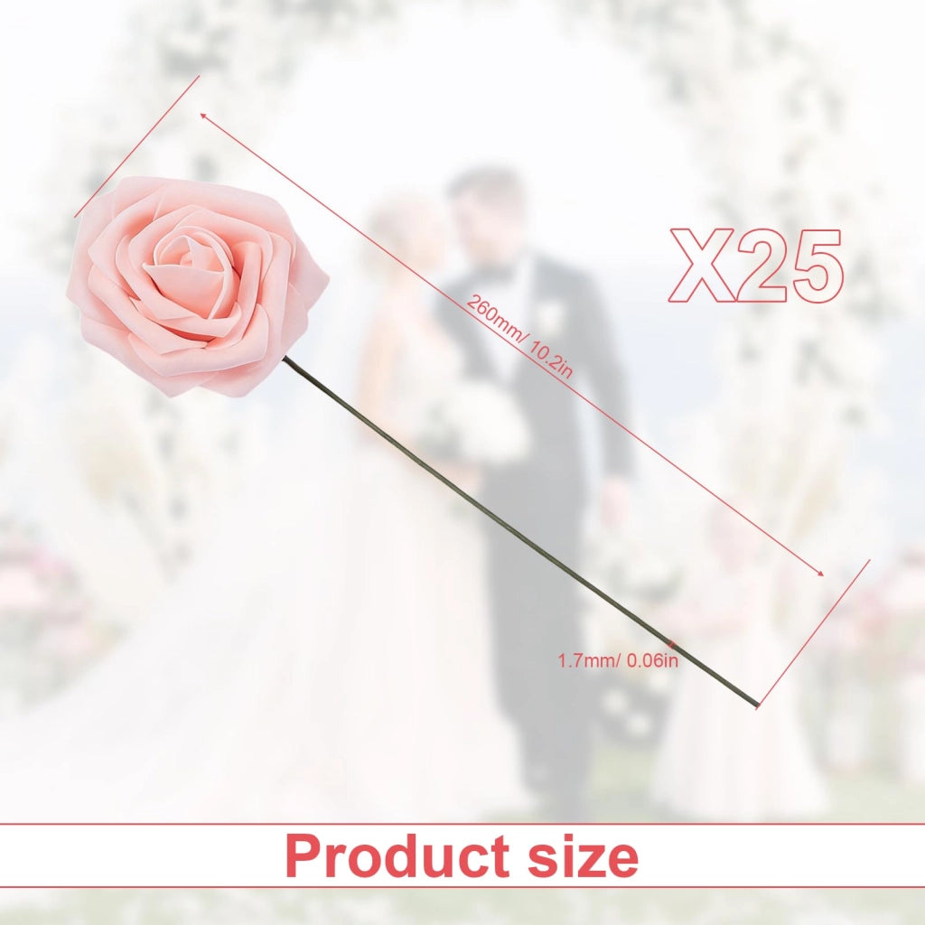 25 rose artificiali, color champagne, realizzate in schiuma PE, complete di steli