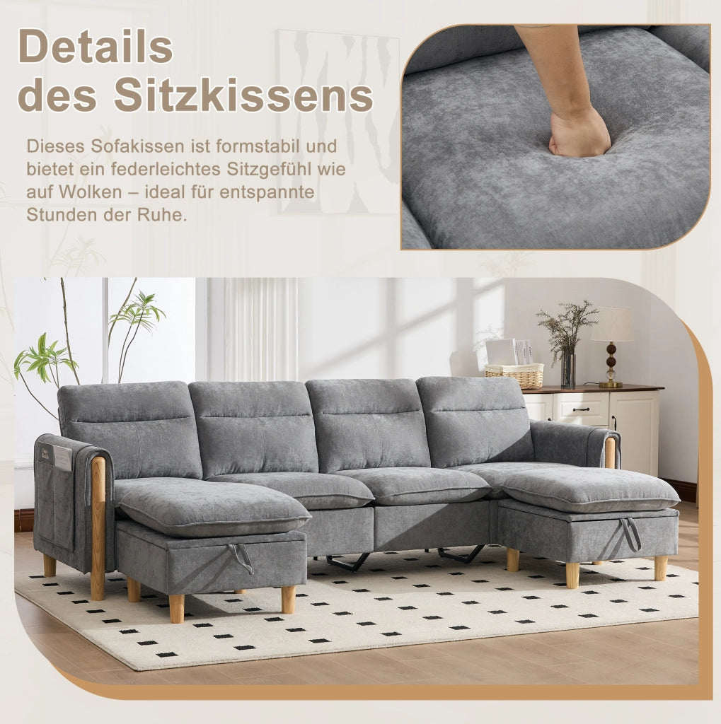 Divano modulare 4 posti in ciniglia grigio chiaro con 2 pouf contenitore