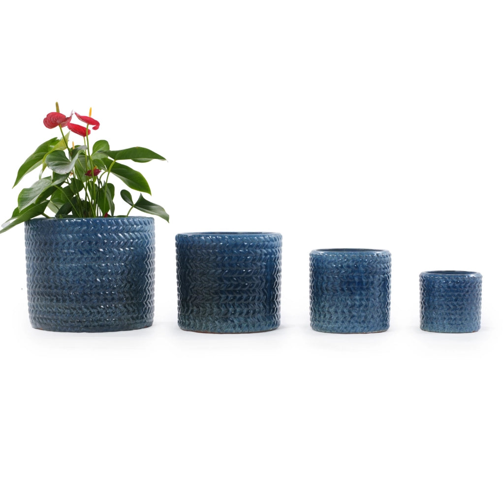 Vaso in ceramica blu scuro Ø 24,5 cm con rilievo a spina di pesce