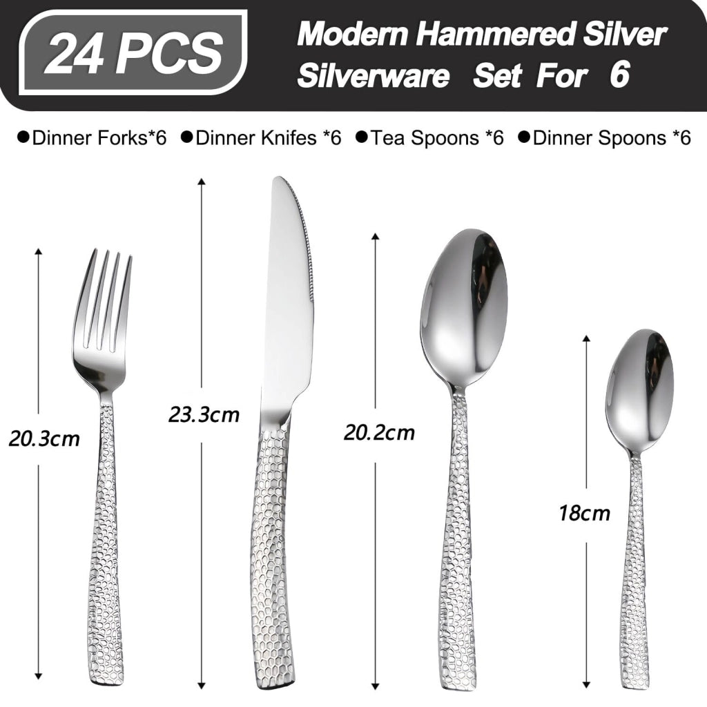 Set di posate in acciaio inossidabile martellato, composto da 24 pezzi, per 6 persone, colore argento