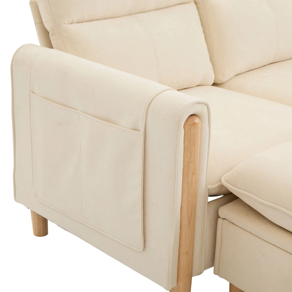 Divano modulare a 4 posti in ciniglia beige con 2 pouf contenitore