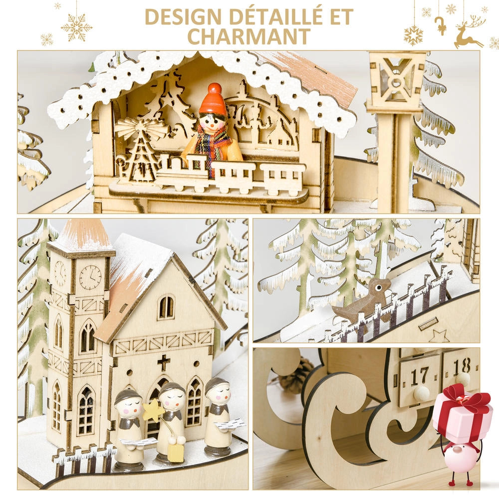 Calendario dell'Avvento in legno a forma di slitta con 10 LED bianco caldo e 24 cassetti, decorazione natalizia per casa